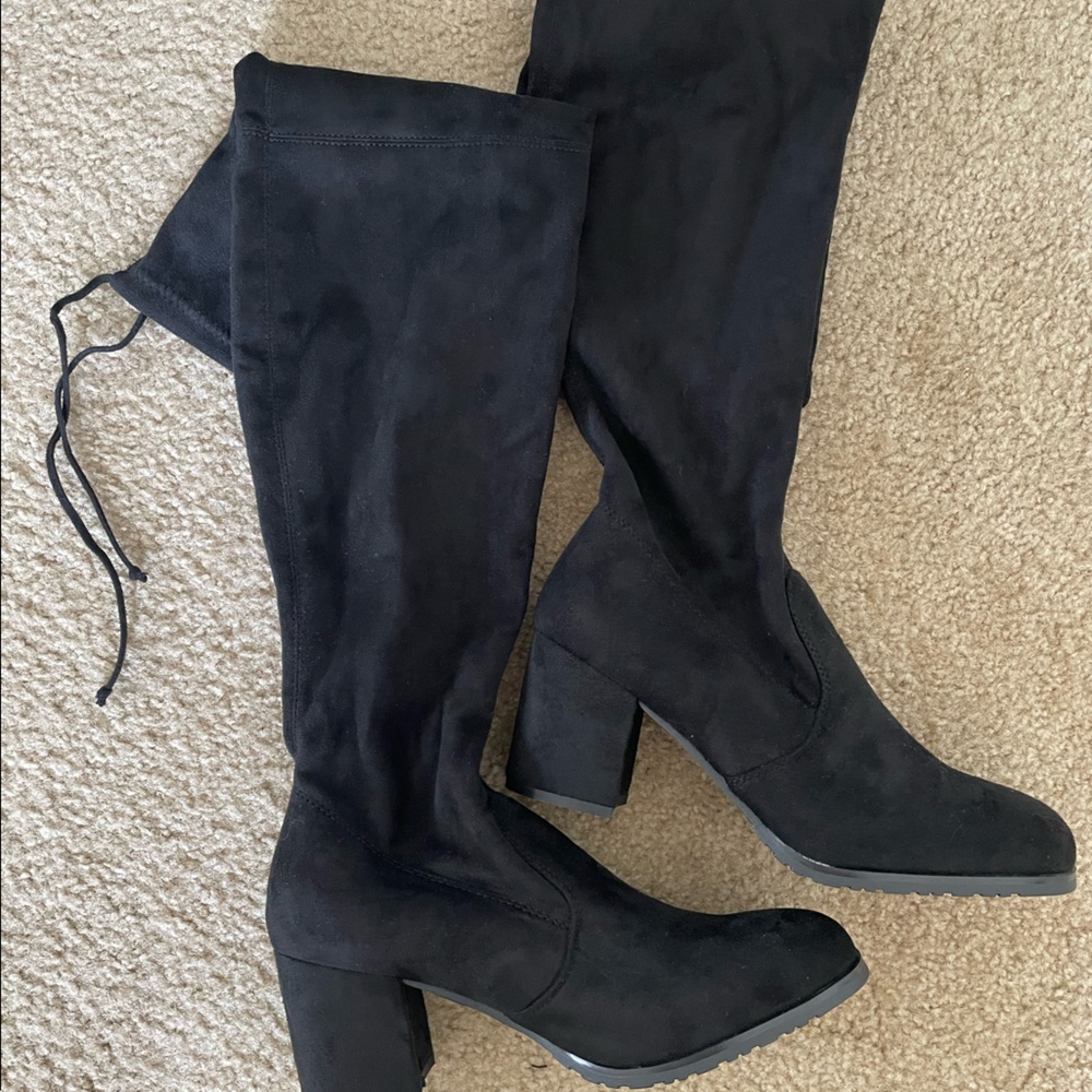 Tie Back Over the Knee Block Heeled Boots - Picture 2 of 6